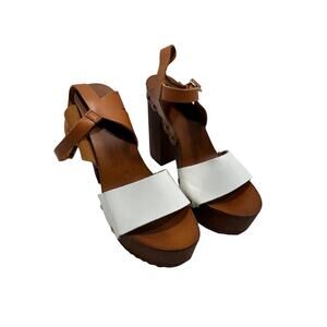 Primadonna‎ Collection Ankle Strap Wooden Platform Heels Sandals 40 White Brown